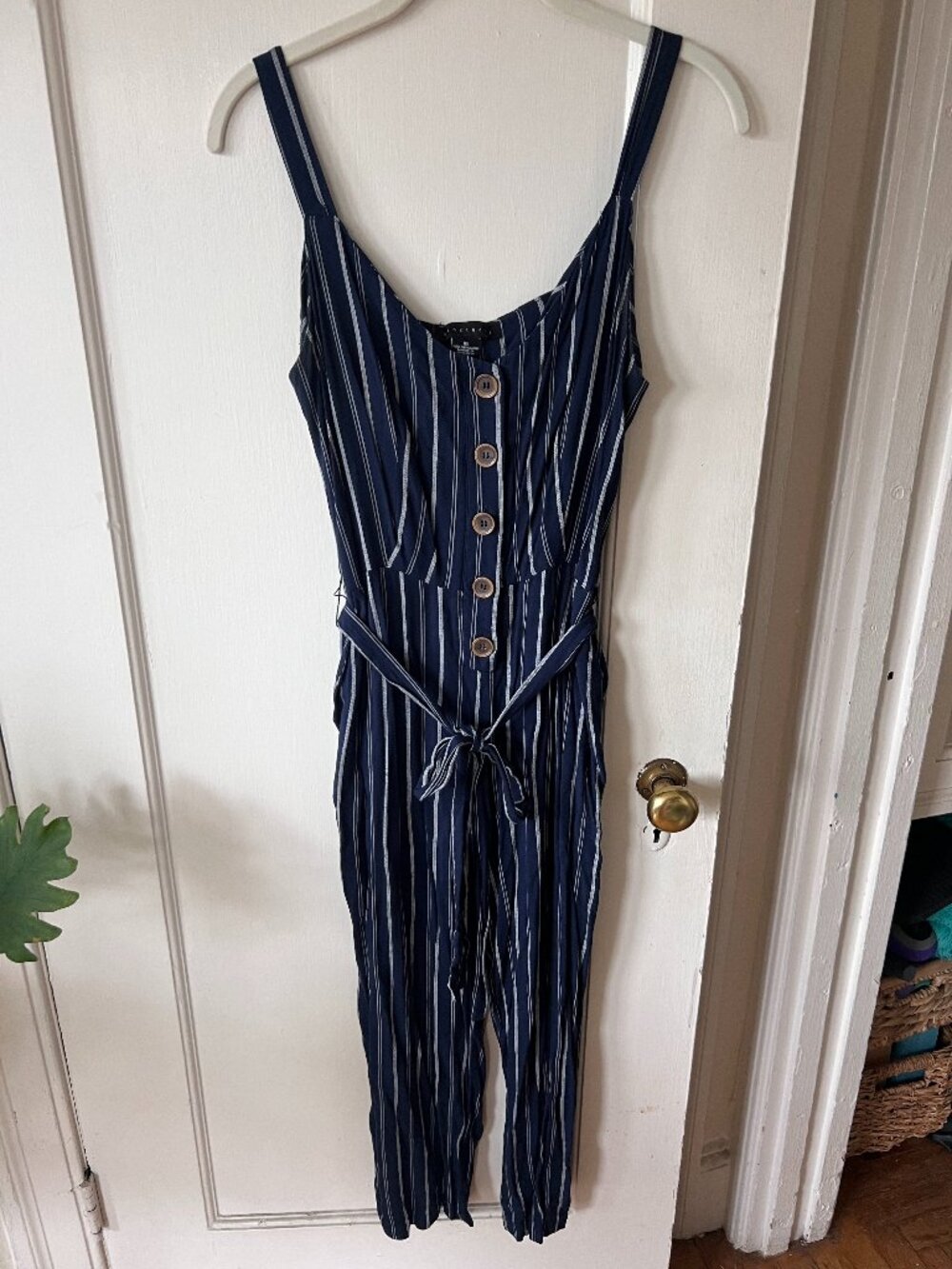 Sanctuary Navy Blue Striped Button-Front Cropped Wide Leg Jumpsuit